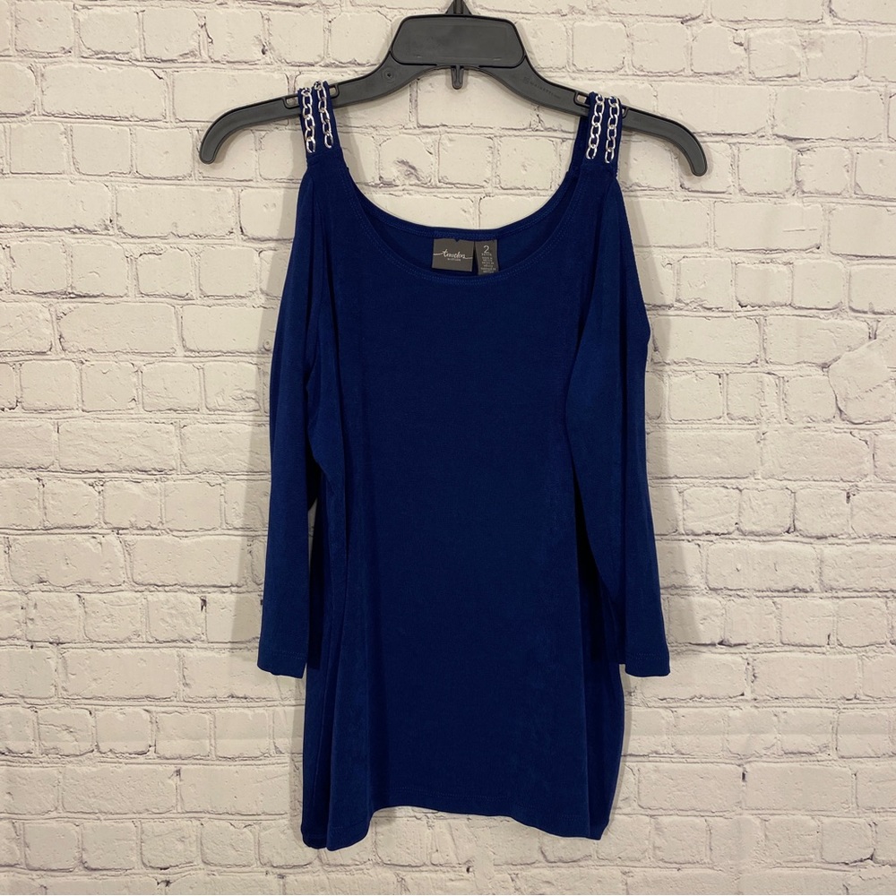 Travelers By Chicos Womens Shirt sz 2 Petite LP Blue Cold Shoulder Chain NWT